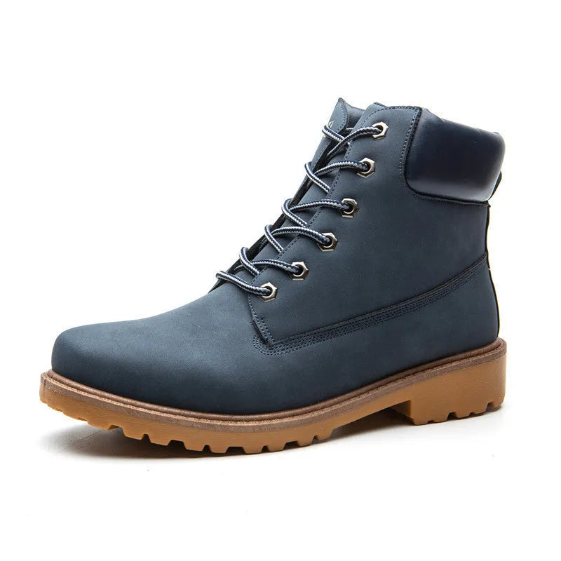 Men's pink high-top Martin boots with velvet lining, round toe, and front lace-up closure on a flat sole.