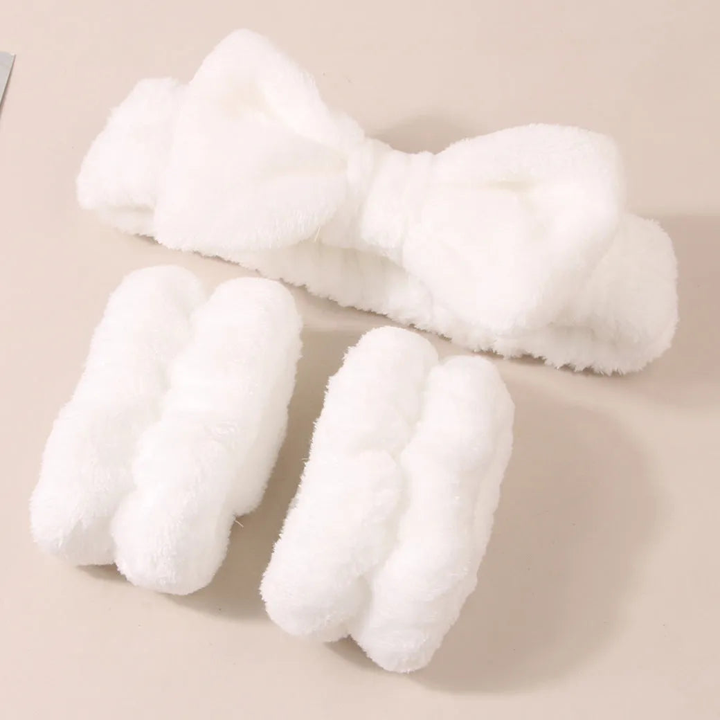 Facial brush set with coral fleece hairband in multiple colour options including purple, grey, white, and pink