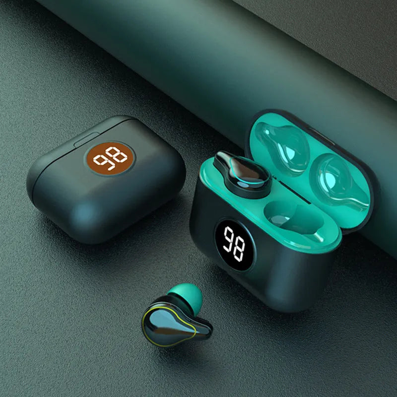 Black and blue wireless Bluetooth in-ear headsets showing earplug design for both ears