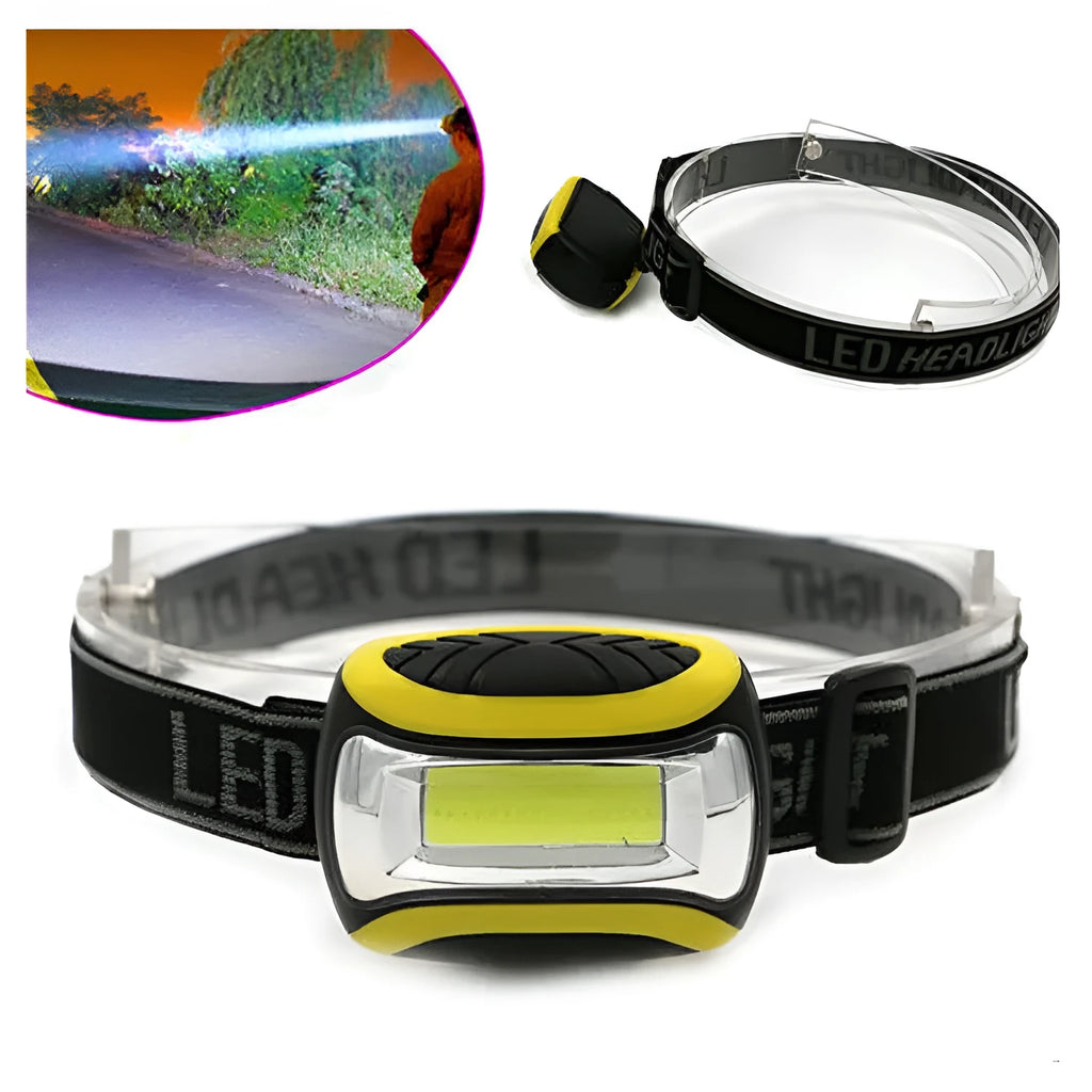 Yellow plastic three-speed COB LED headlamp for outdoor and work use.