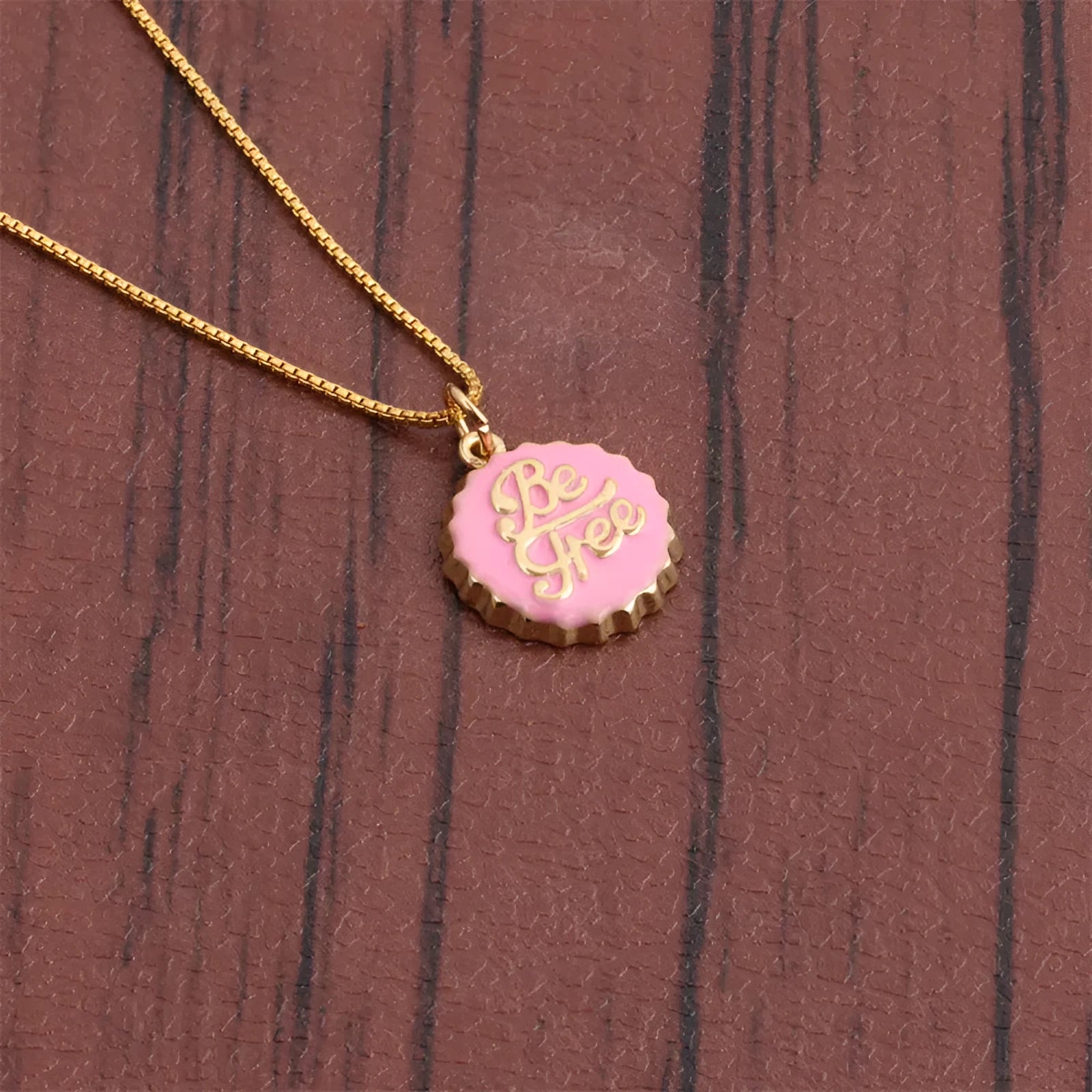 Copper bottle cap pendant necklace with gold plating on 40cm box chain in six colour options