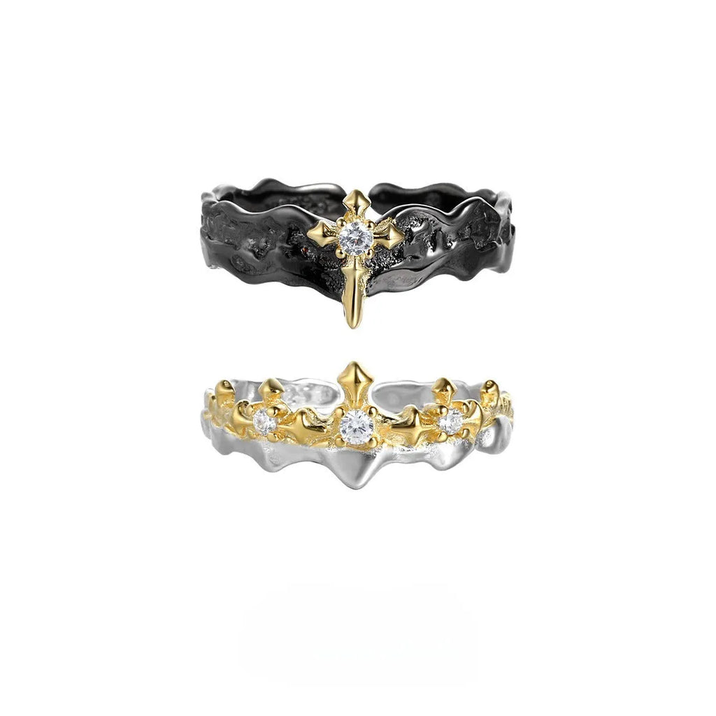 Princess Knight Couple silver ring with adjustable opening in white gold or black gold electroplated finish