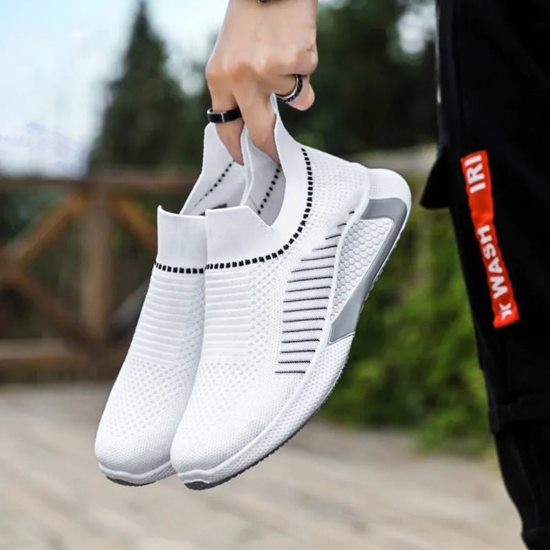 Men's striped mesh sock shoes with flyknit upper and plastic sole in three colour options