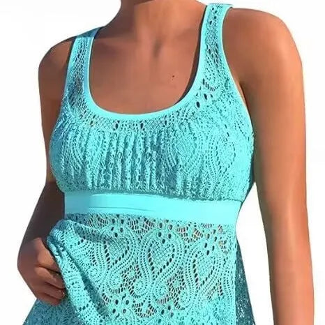 Women's conservative two-piece swimwear set with hollow design and briefs style in solid colour