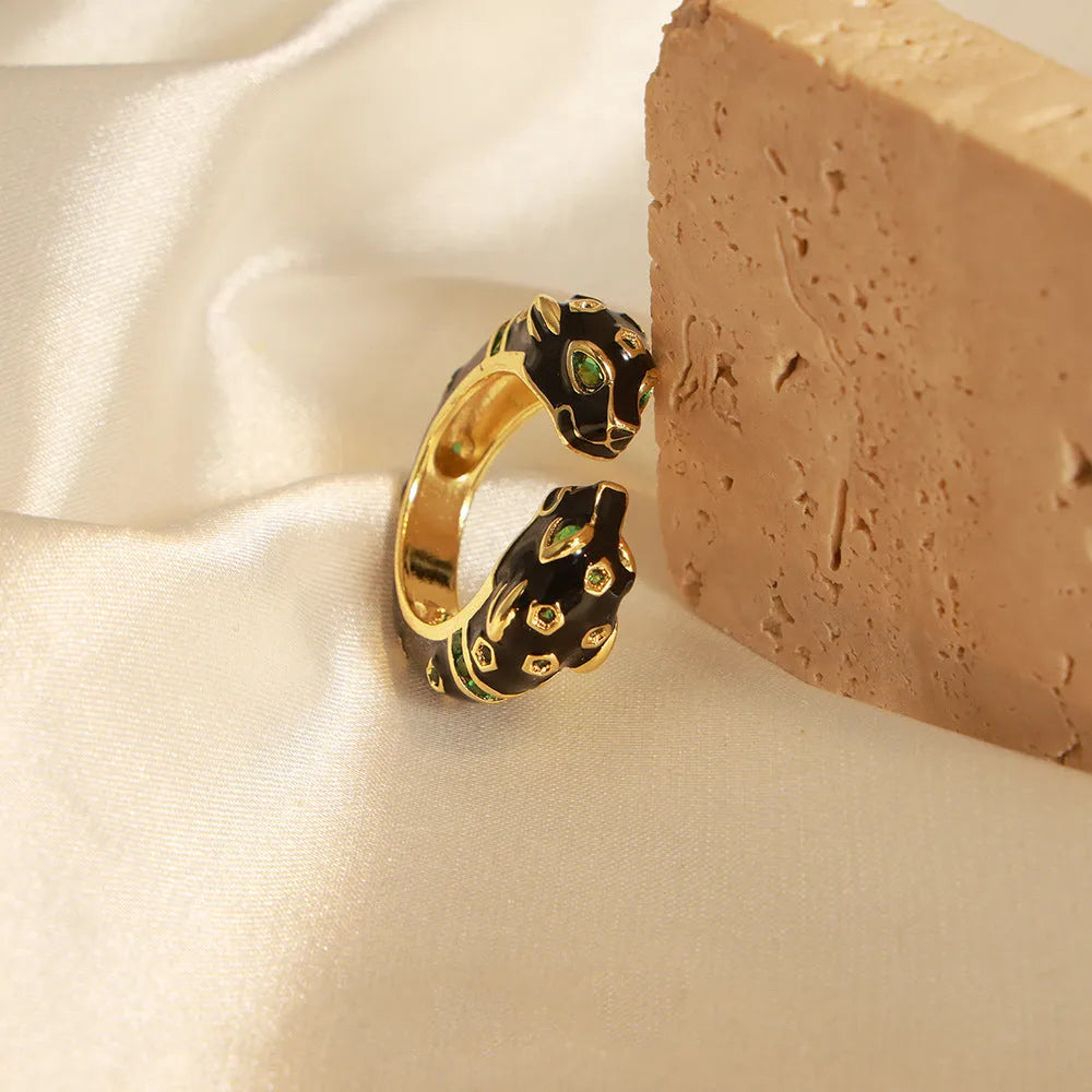 Black cheetah pattern geometric open ring for women in size no.7