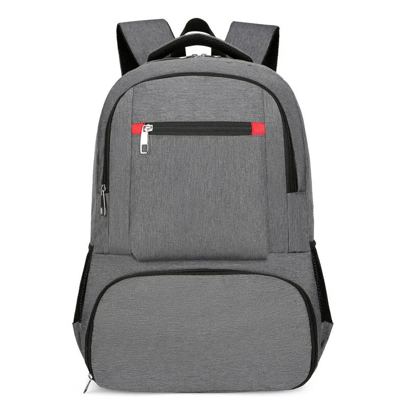 Light grey insulated Oxford cloth backpack with curved shoulder straps and pull-rod belt accessory
