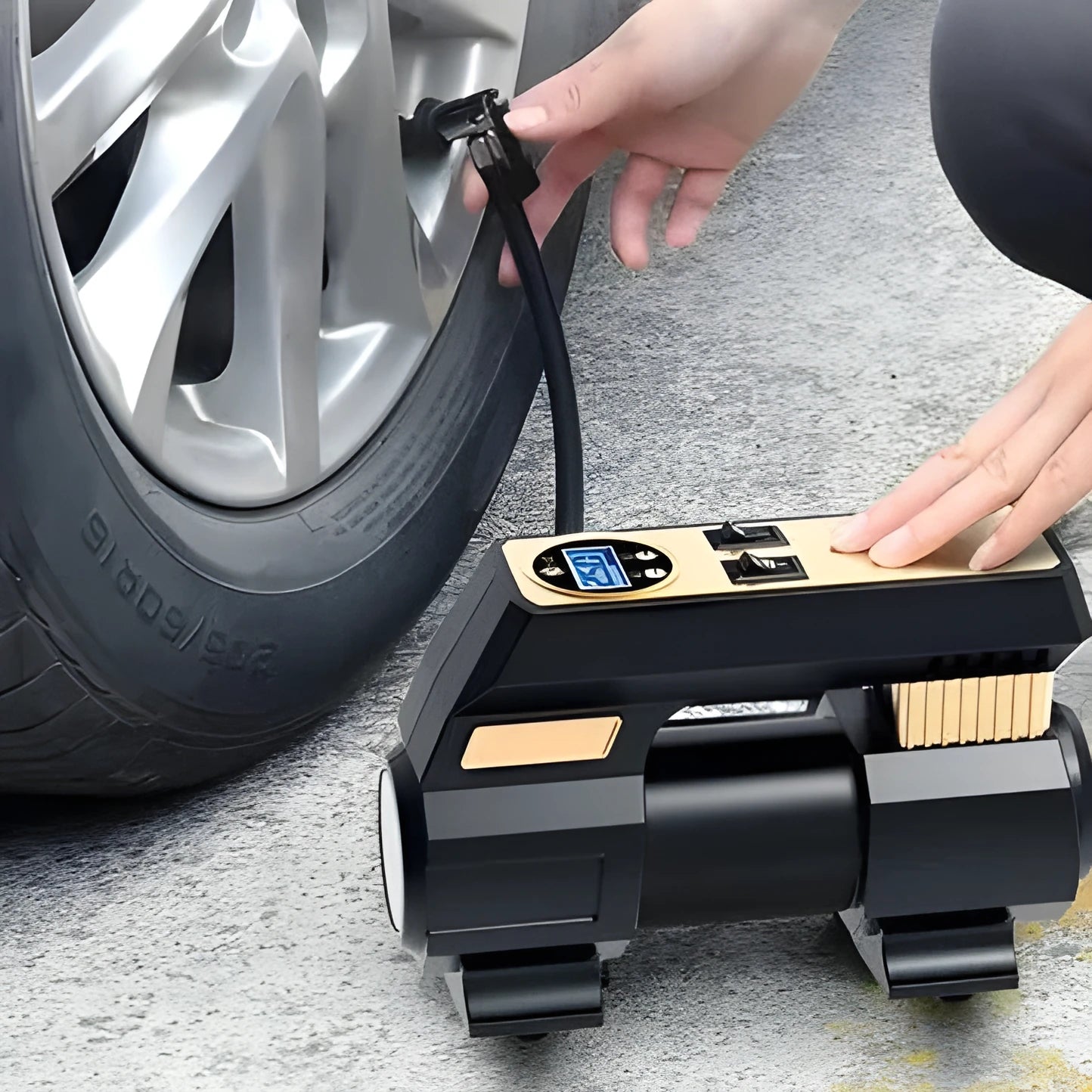 120W 12V car air pump with digital display, 60cm tube, and 300cm power cord on a dark background