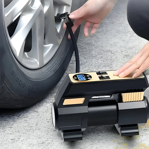 120W 12V car air pump with digital display, 60cm tube, and 300cm power cord on a dark background
