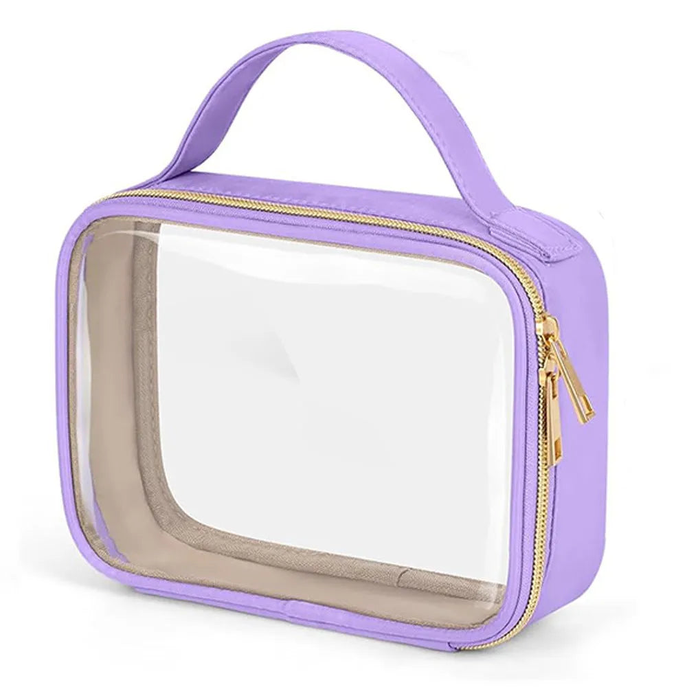 Transparent PVC cosmetic organiser bag with chain in multiple colours including leopard print for lipstick and brush storage.