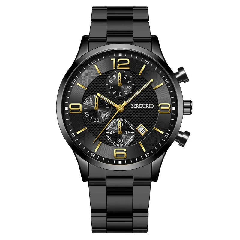 Fashion Numbers men's watch with three-eye calendar chronograph, black dial, silver hands, leather strap