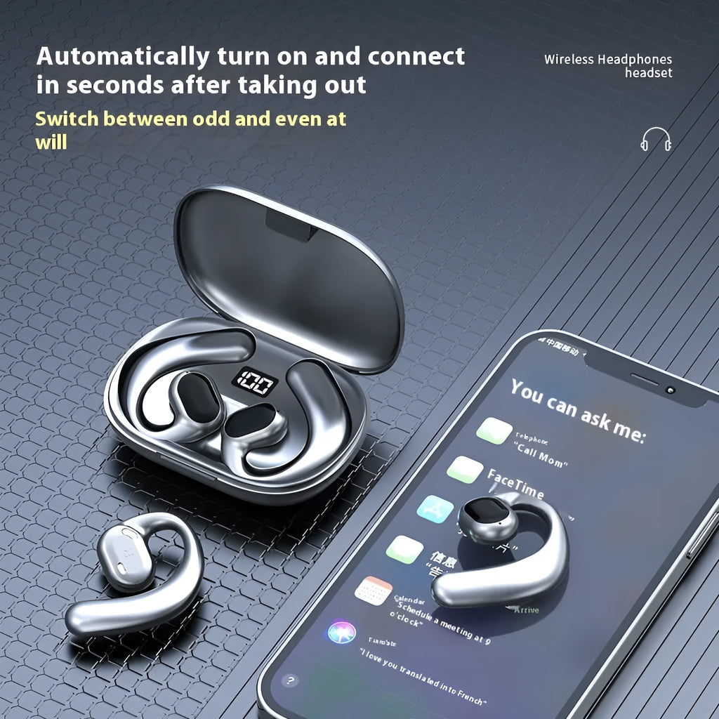 Black or white ear-mounted Bluetooth headset with digital display screen showing operational information