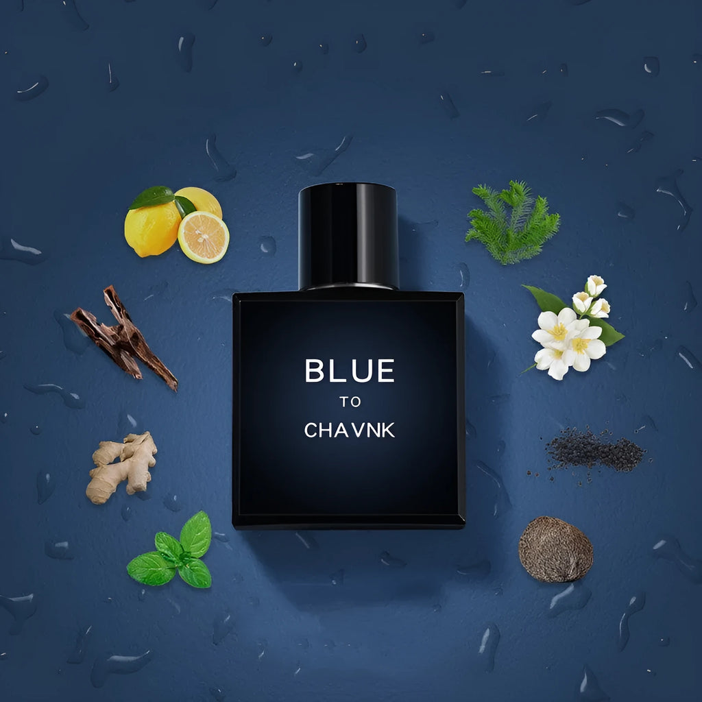 Men's perfume in black bottle with woody citrus fragrance notes of sandalwood and cedar