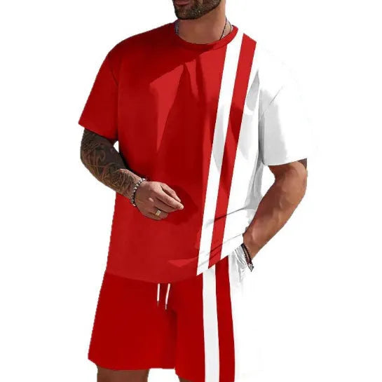 Men's loose-fit polyester short-sleeved T-shirt and matching shorts leisure set in summer colours