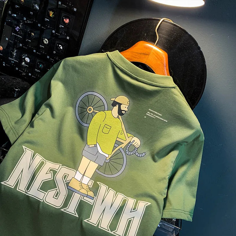 Green men's t-shirt with literary print design in loose fit with short sleeves