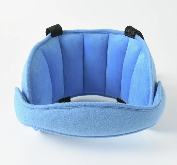 Child car seat head support in blue with hook and loop neck strap and rear waistband