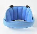 Child car seat head support in blue with hook and loop neck strap and rear waistband