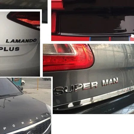Zinc alloy metal car bumper sticker showing raised 3D letter design in approximately 2.5cm size