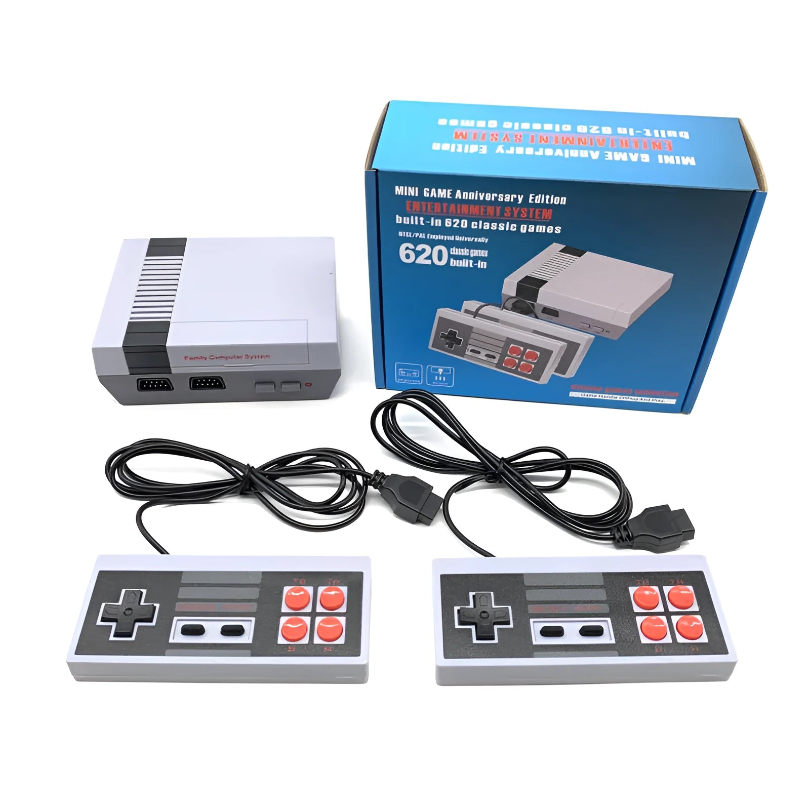 Retro NES game console with two controllers showing compact design and AV connectivity ports
