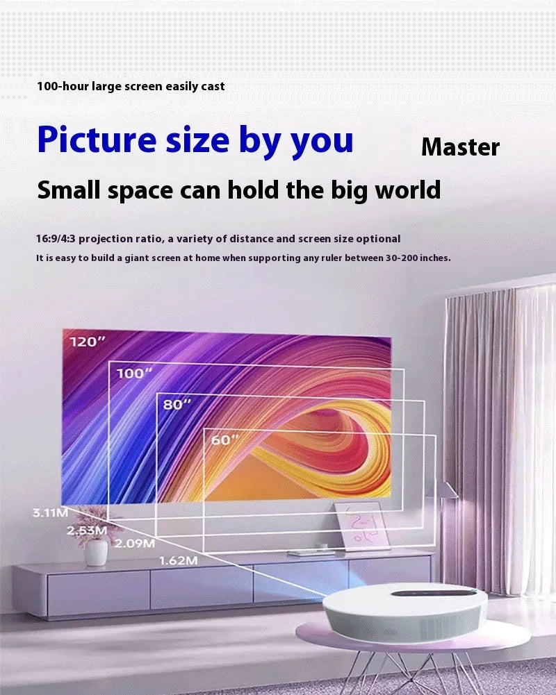 White HD 720p home projector with remote control on table