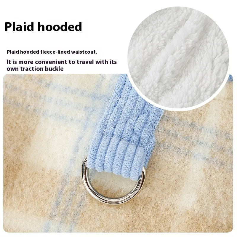 Blue corduroy dog hoodie with chessboard grid pattern and hooded traction design