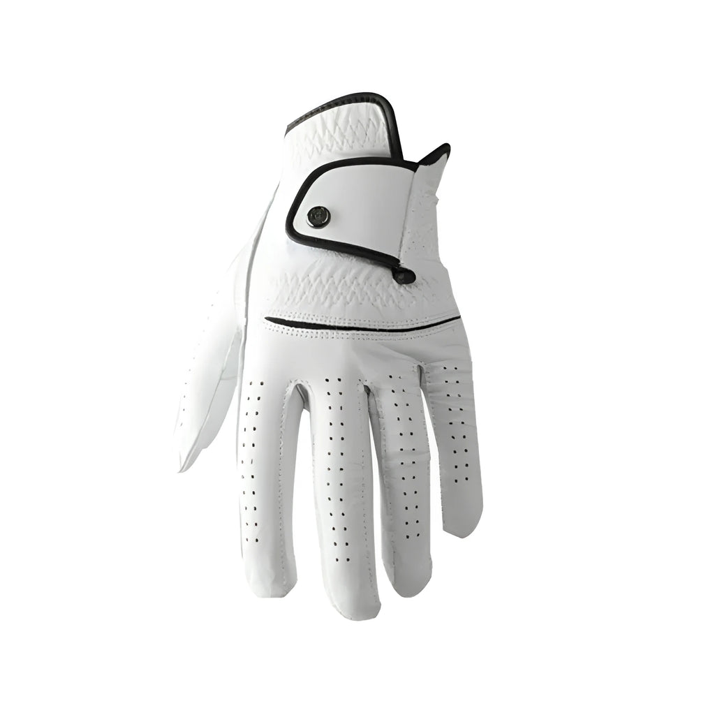 Men's white half sheepskin leather golf glove showing palm grip detail.