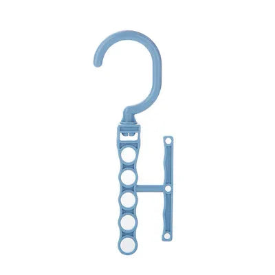 Blue revolving magic wardrobe hanger with five branches and a central handle