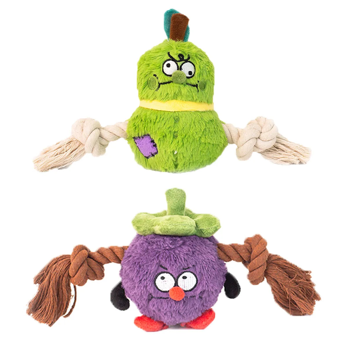 Green and purple interactive dog toy with plush rope knot design for tug of war games