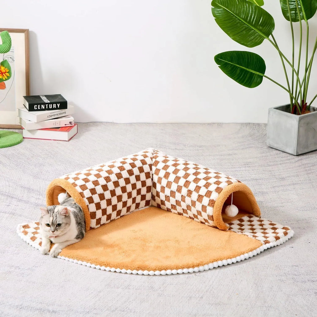 Fan-shaped plaid pet bed tunnel for dogs and cats showing sleeping mat and fabric tunnel