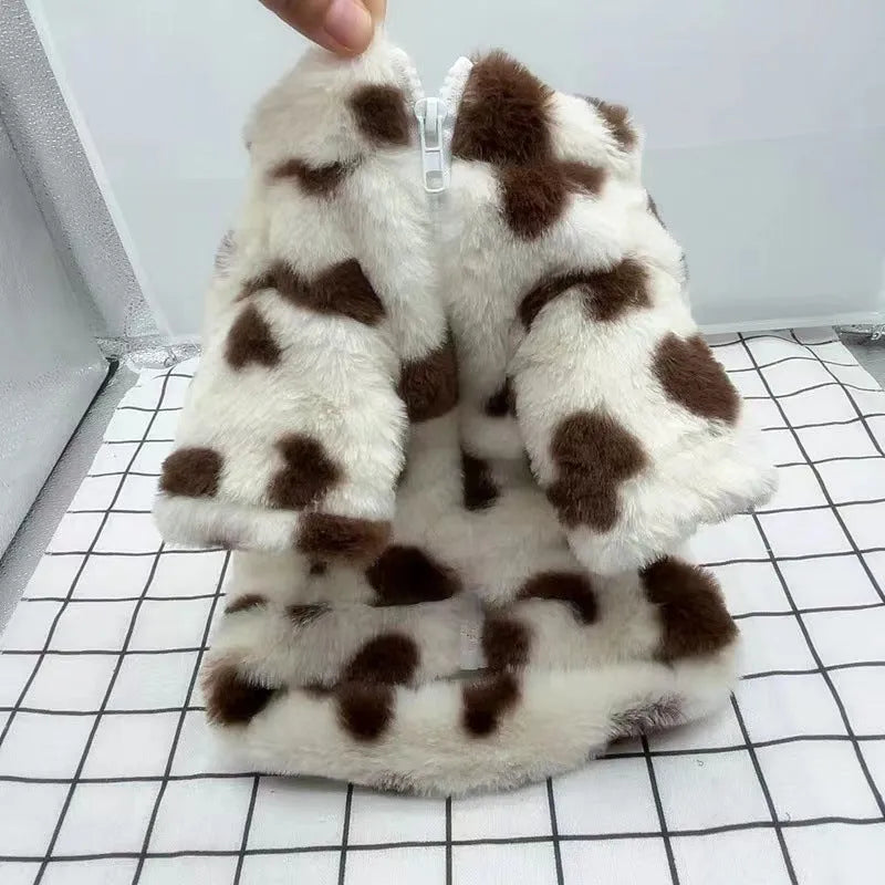 Small dog wearing pink warm plush coat with six size options from XS to 2XL
