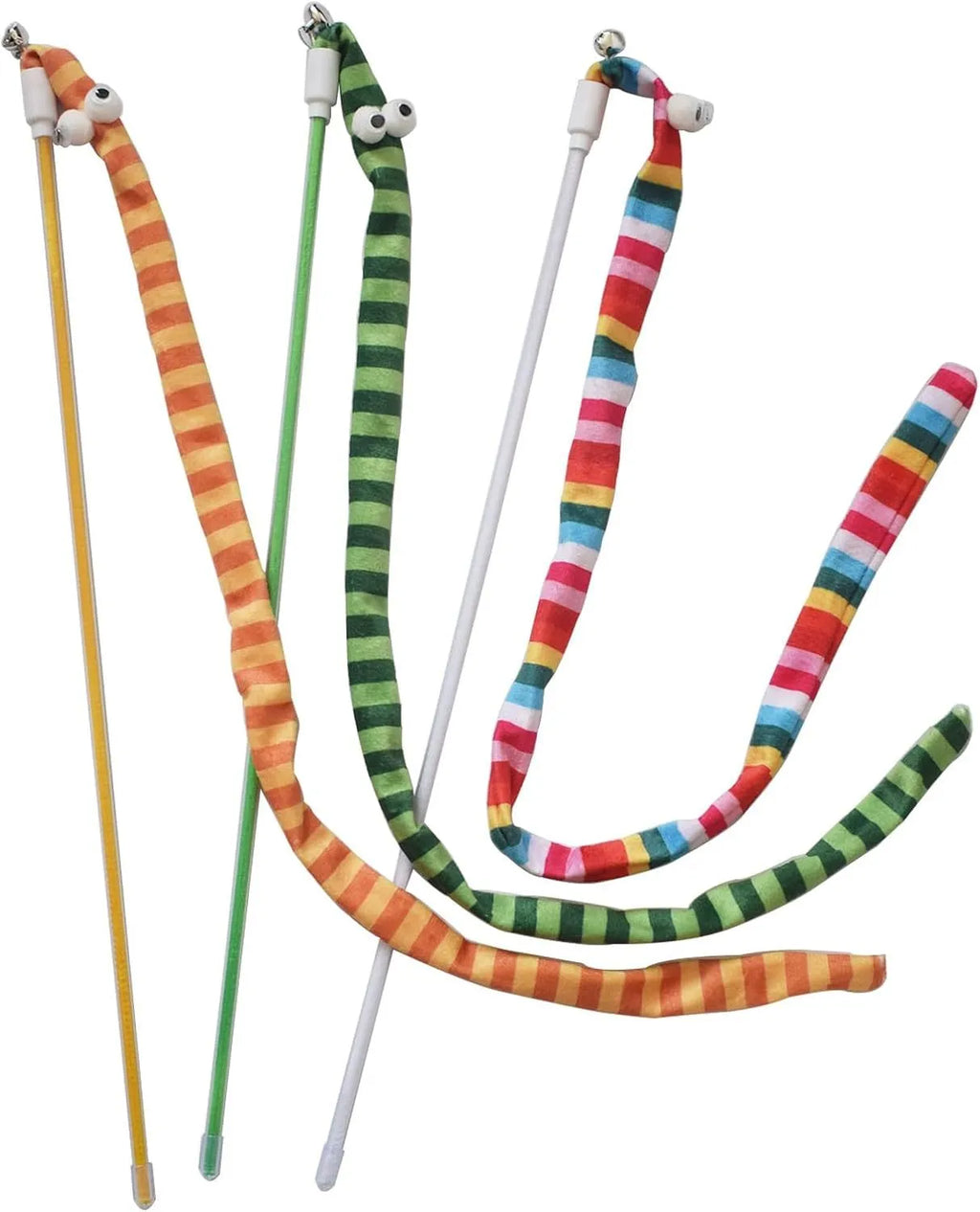 Colourful cat teaser wand with long plush strip and bell on a polycarbonate handle.