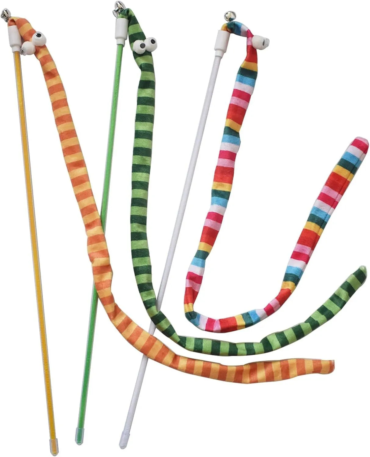 Colourful cat teaser wand with long plush strip and bell on a polycarbonate handle.