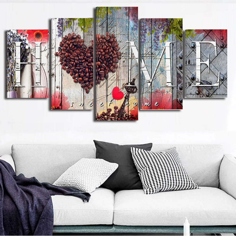 Red oil painting canvases spelling 'Home Sweet Home', unframed, shown in a set of five.