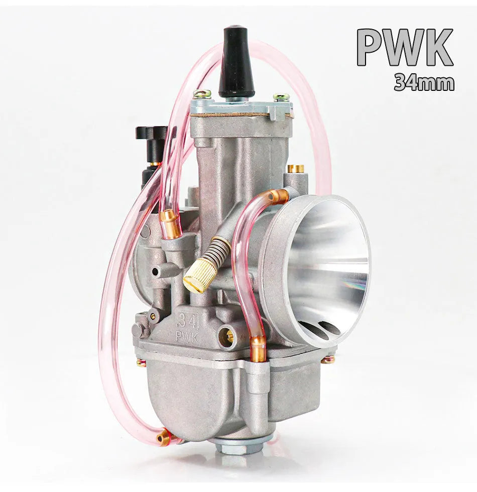 Sandblasted PWK motorcycle carburetor kit with sizes from 21mm to 34mm for engine modification.