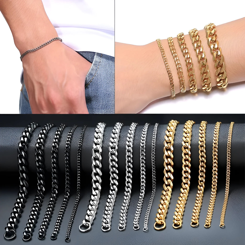 Gold six-sided Cuban link metal bracelet shown in various widths and colour options.