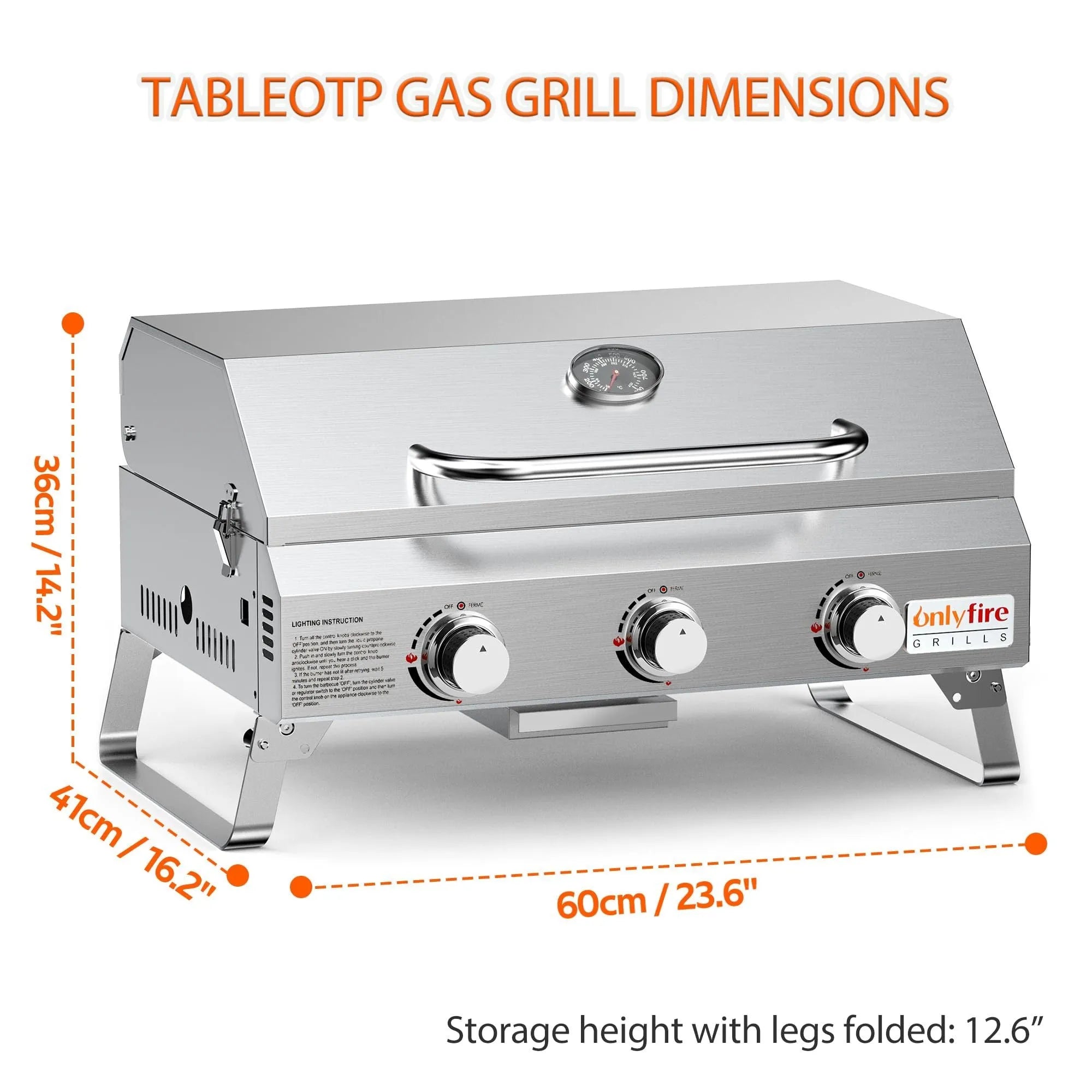 Silver portable desktop gas barbecue grill with three burners and foldable legs.
