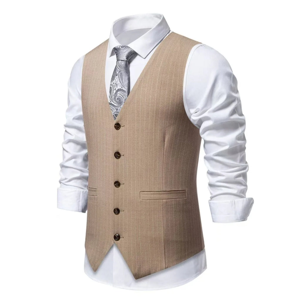 Men's striped polyester waistcoat with non-ironing finish on a hanger.
