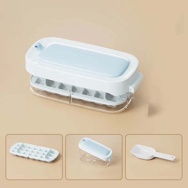 High capacity ice cube tray with grid design and integrated ice shovel storage compartment
