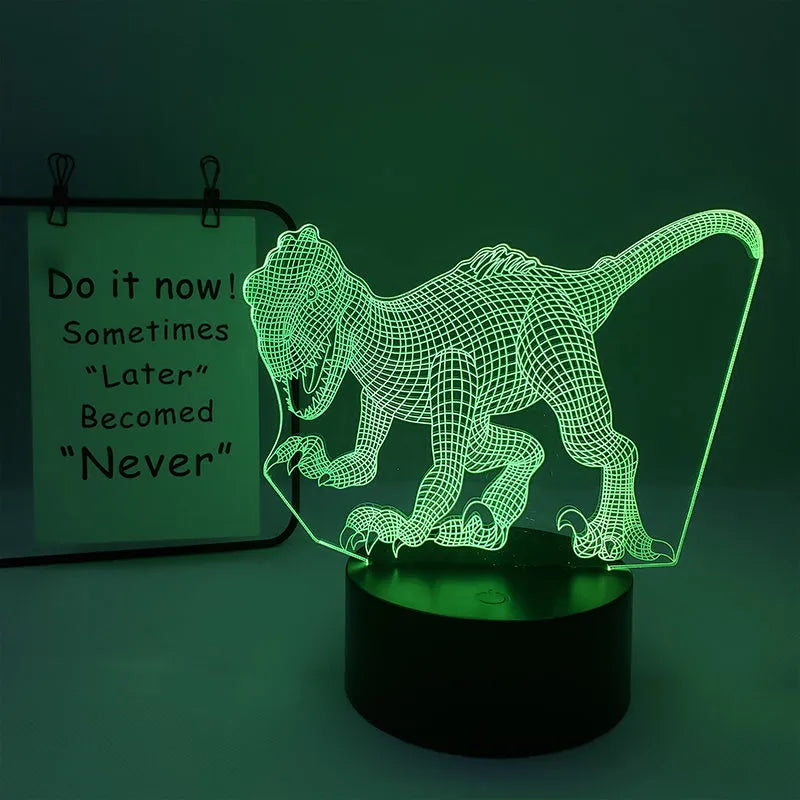 Colourful cartoon dinosaur LED desk lamp with remote control and acrylic lampshade on a black base