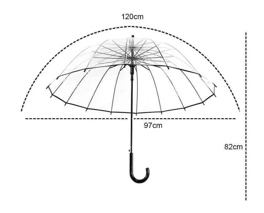 Big long handle transparent umbrella with 16 ribs, POE fabric canopy, ABS plastic handle, and black steel skeleton in black colour