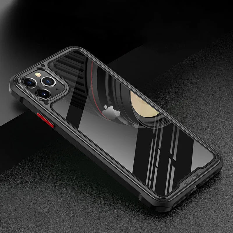 Transparent silicone mobile phone case for iPhone 11 on a table.