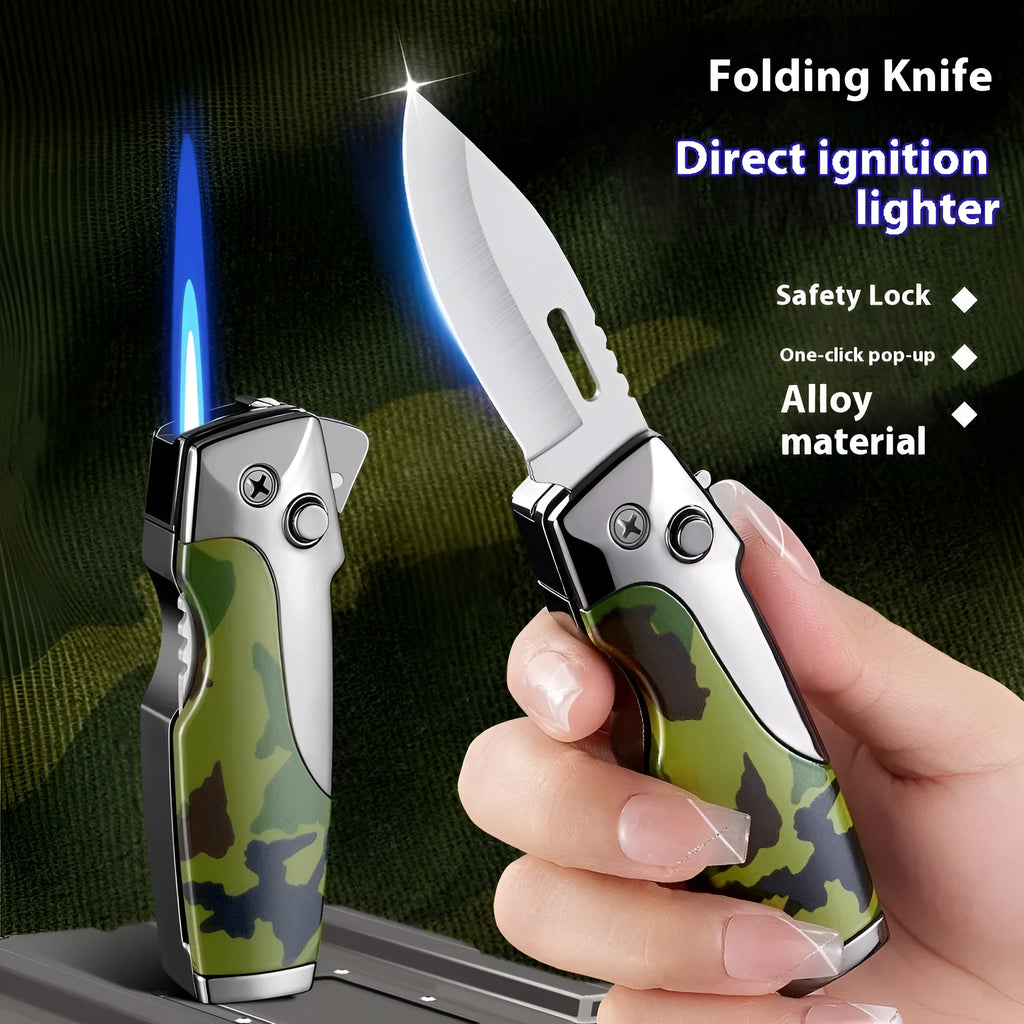 Metal folding outdoor lighter with integrated knife in a zinc alloy case, showing various colour options.