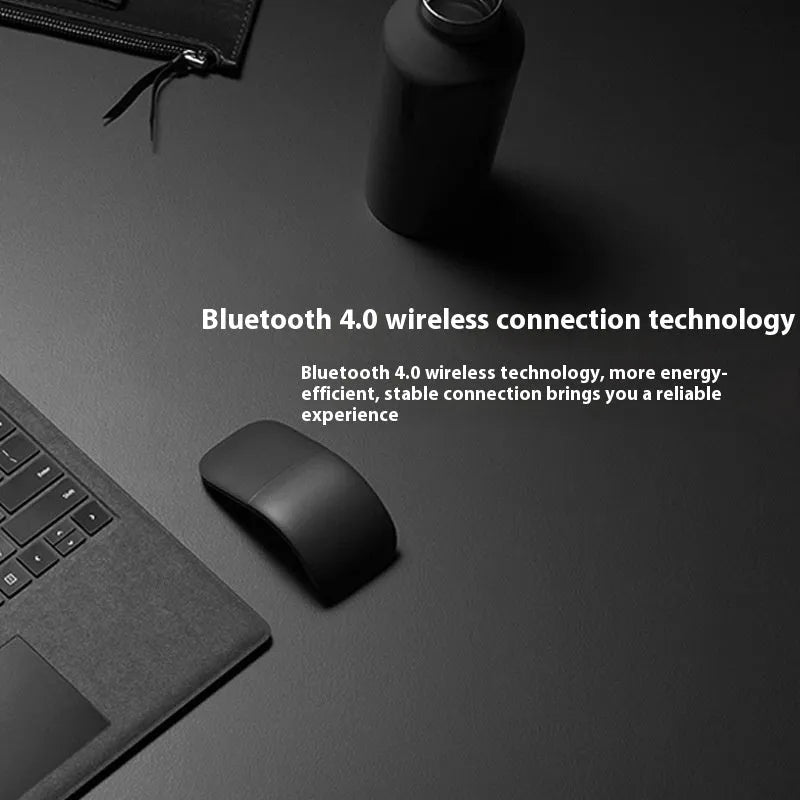 Black folding touch wireless mouse shown both folded and unfolded for portable use.