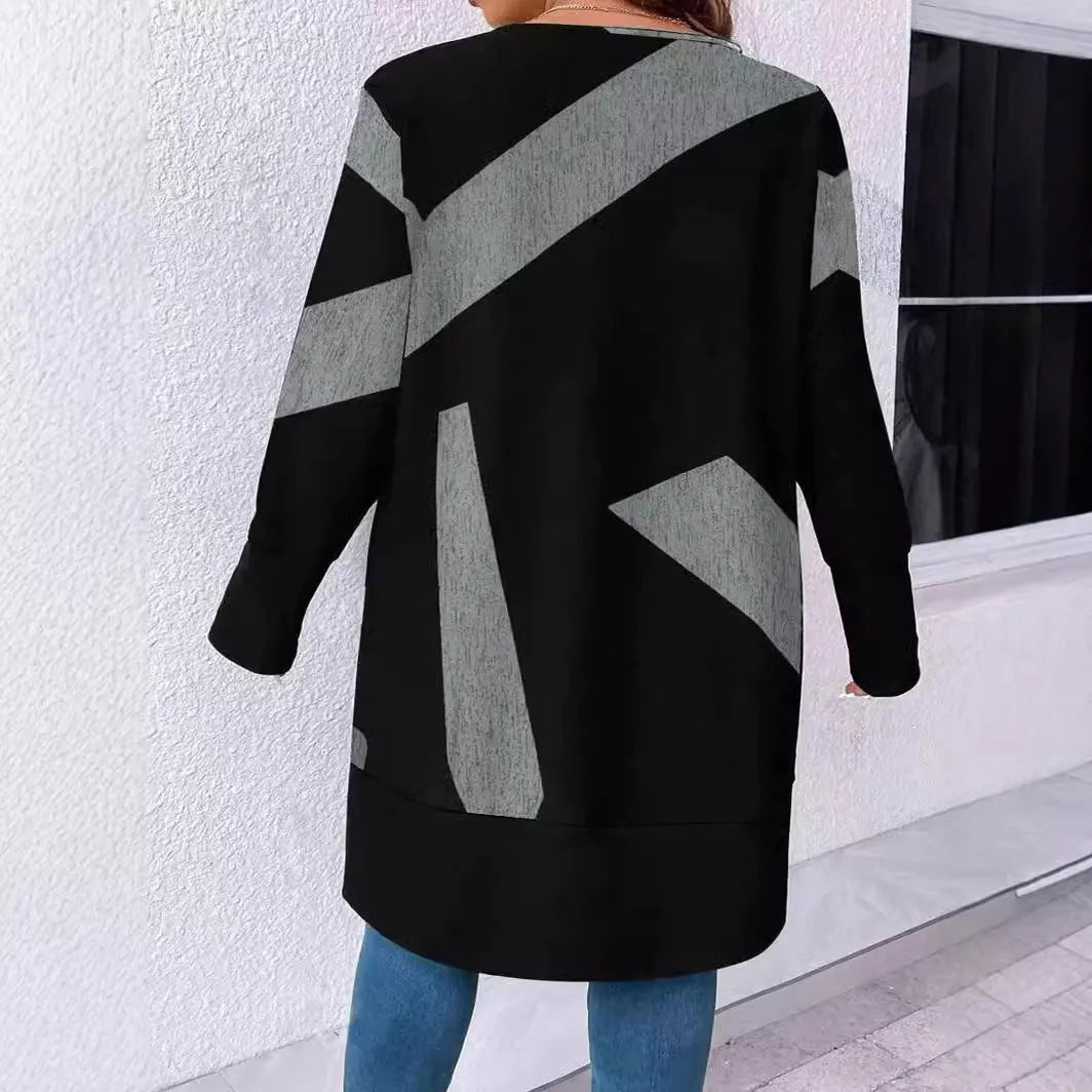 Black loose casual plus size cardigan with button stitching printing detail