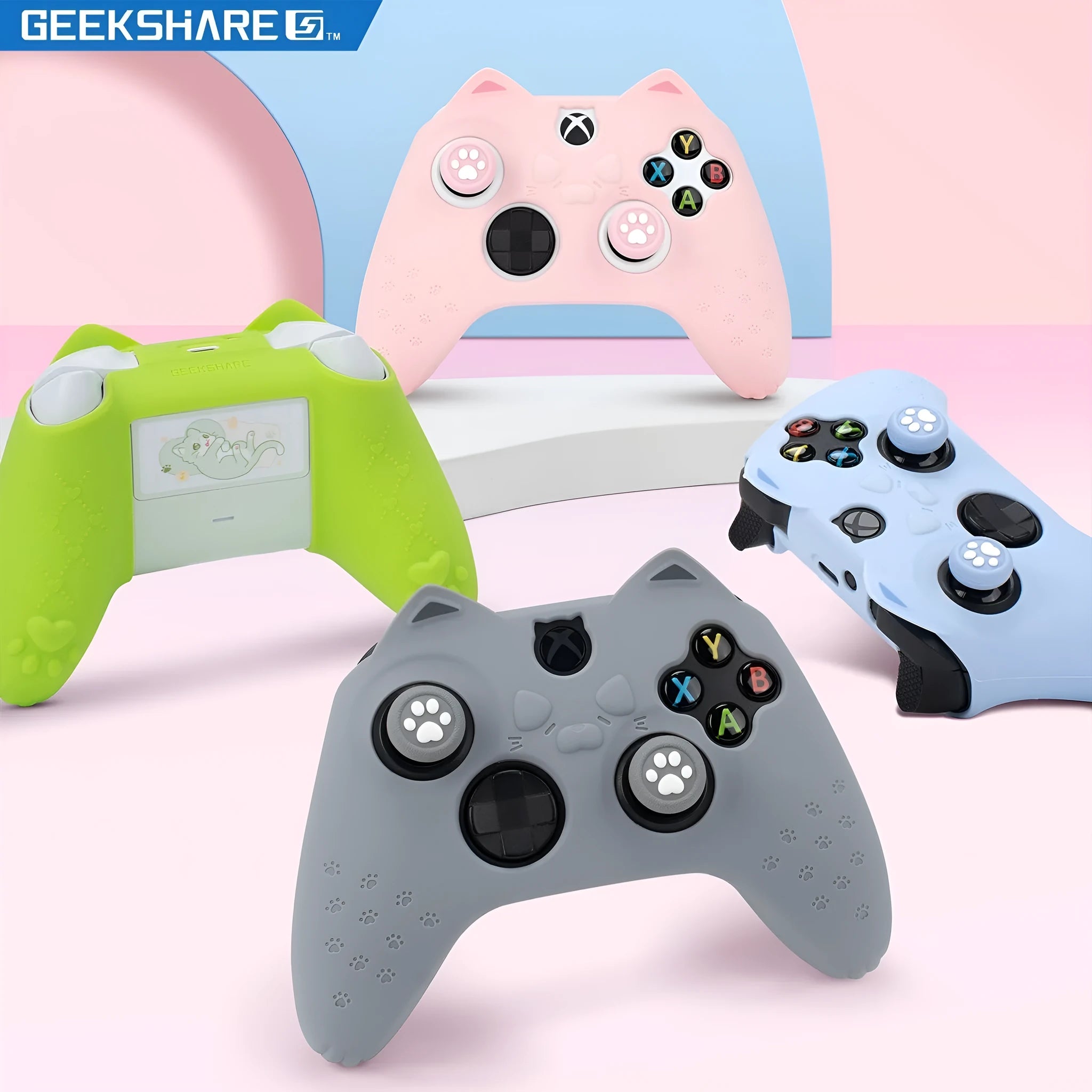 Cat ear silicone game controller cover in Pink with joystick caps and sticker on a white background