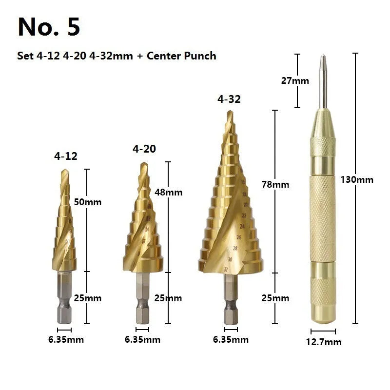 High-speed steel step drill bits and centre punch set for metalworking with colour-coded organisation