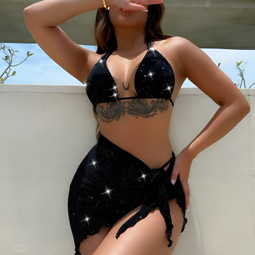 Black three-piece bikini swimsuit set with top and shorts in polyester fibre fabric