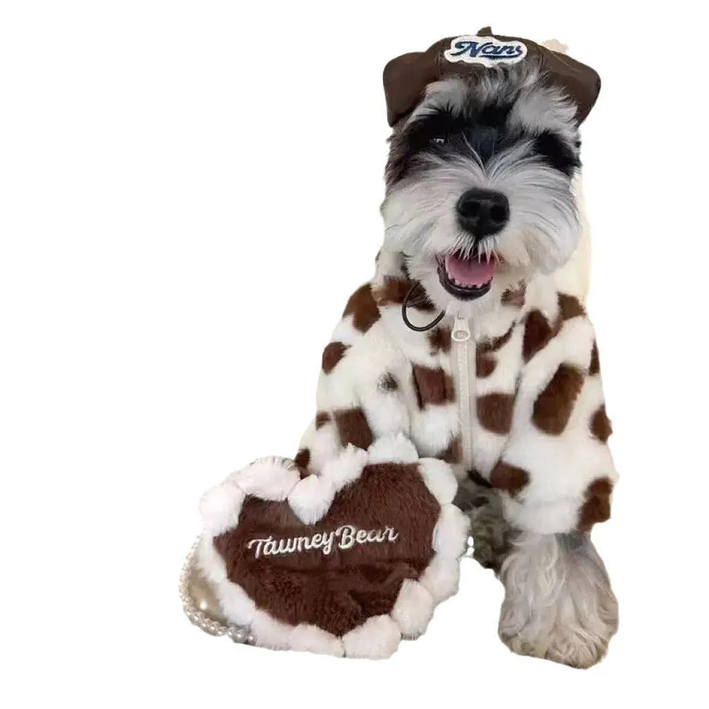 Small dog wearing pink warm plush coat with six size options from XS to 2XL