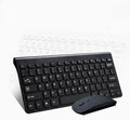Black and white wireless keyboard and mouse set on wooden desk with 2.4GHz USB receiver