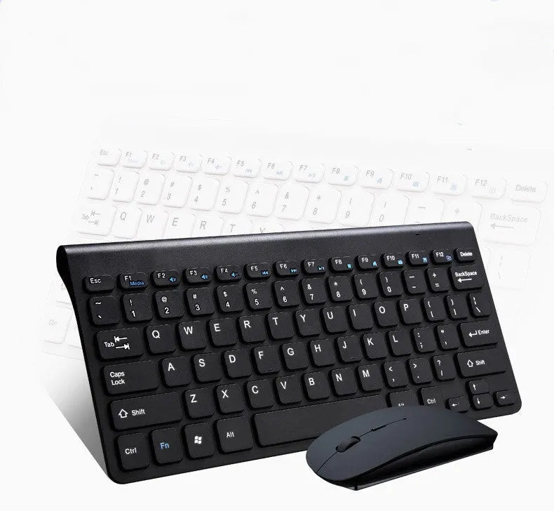 Black and white wireless keyboard and mouse set on wooden desk with 2.4GHz USB receiver