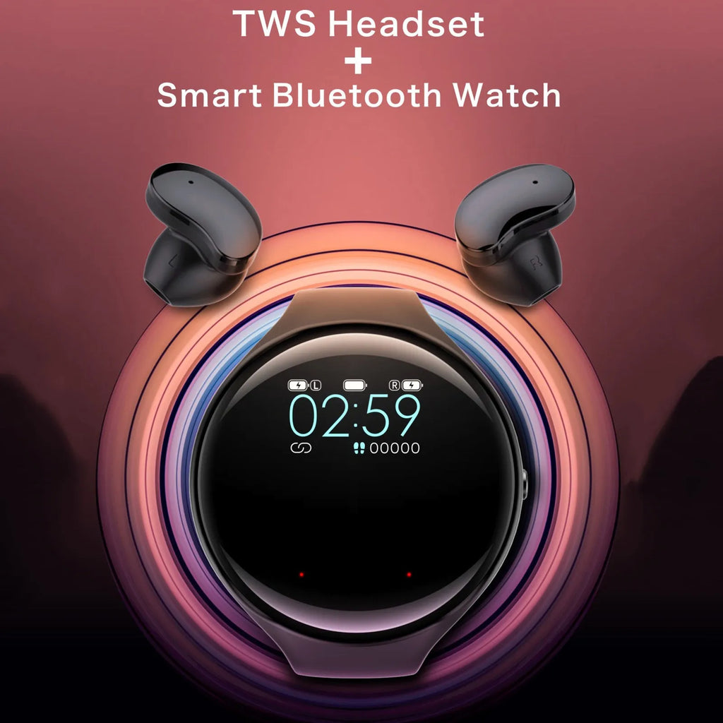Black Bluetooth headset and smart bracelet combo watch with detachable TWS earbuds on a charging cable.
